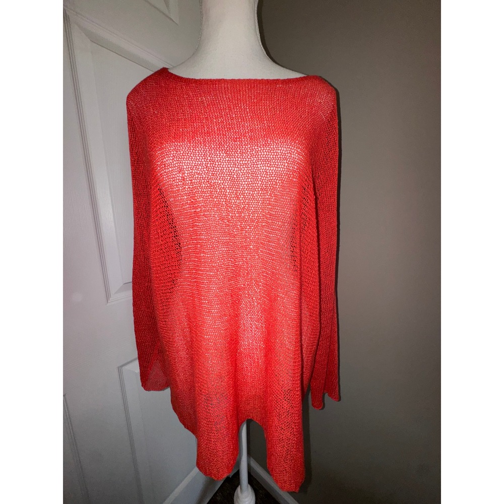 Eileen Fisher Womens Medium Coral Red Linen Blend‎ Open Knit Boxy Sweater Top